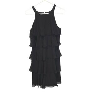 Expo Size 8 Black Tiered Chiffon Mini Dress‎ Beaded Halter Ruffle Cocktail Glam